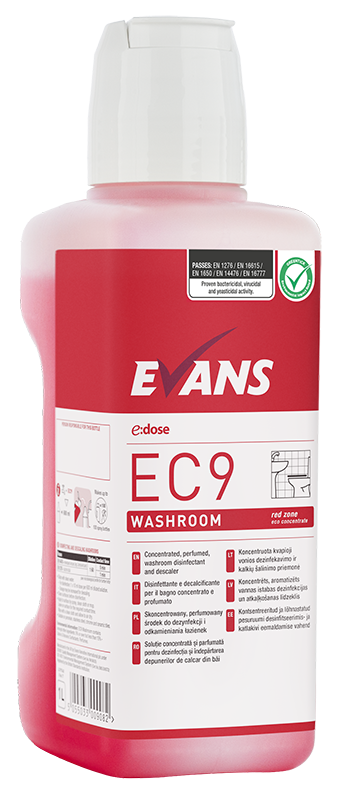 Evans EC9 happeline sanitaarpuhastusaine 1L doseerimiskorgiga, kastis 4tk