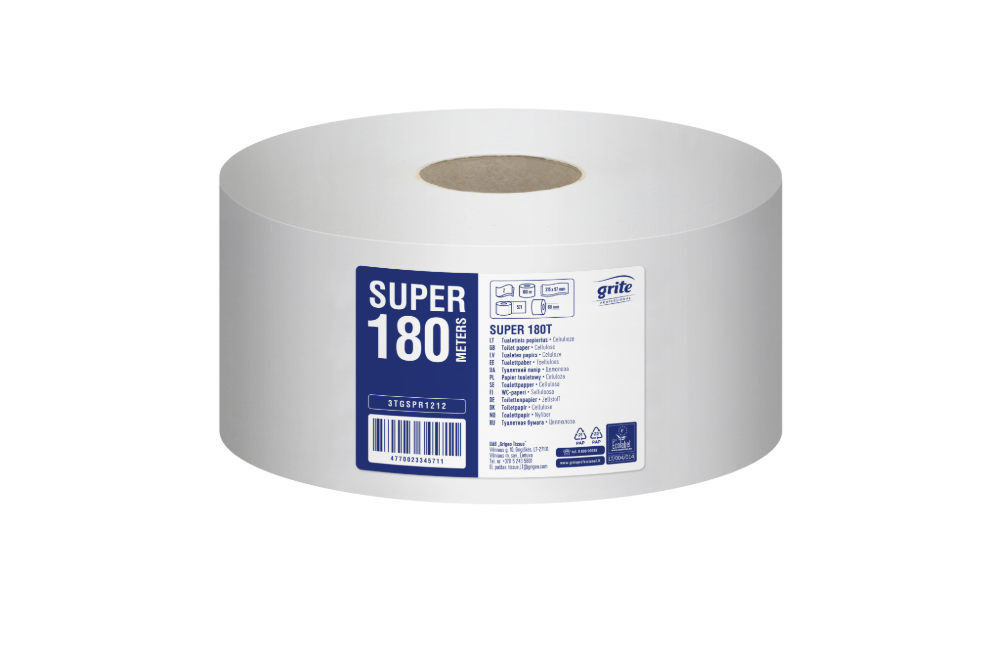 Grite Super 180T Mini Jumbo tualettpaber 180m, 2x valge, kastis 12rulli