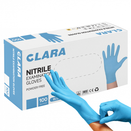 Ühekordsed nitriilkindad Clara M, sinised, puudrita, Kat.III, karbis 100tk