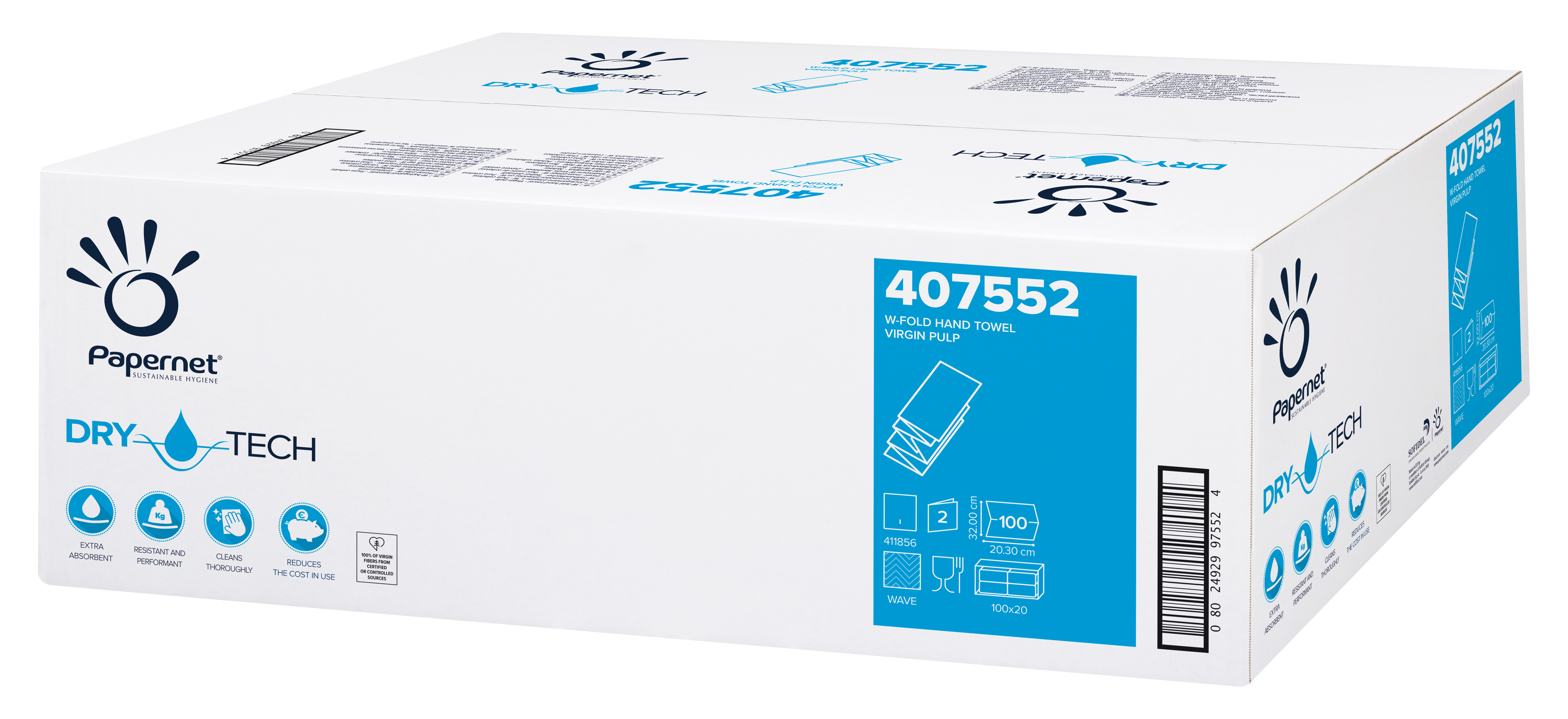 Papernet® DryTech W-Fold lehtkätepaber, 2x valge, pakis 100lehte, kastis 20pakki