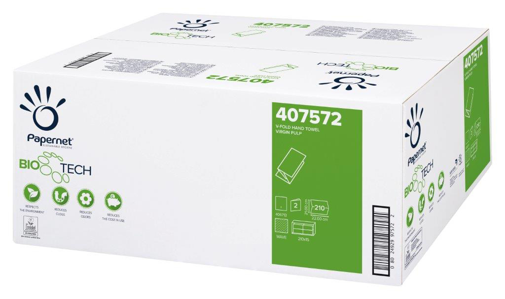 Papernet® BioTech V-Fold lehtkätepaber, 2x valge, pakis: 210 lehte, kastis: 15pakki