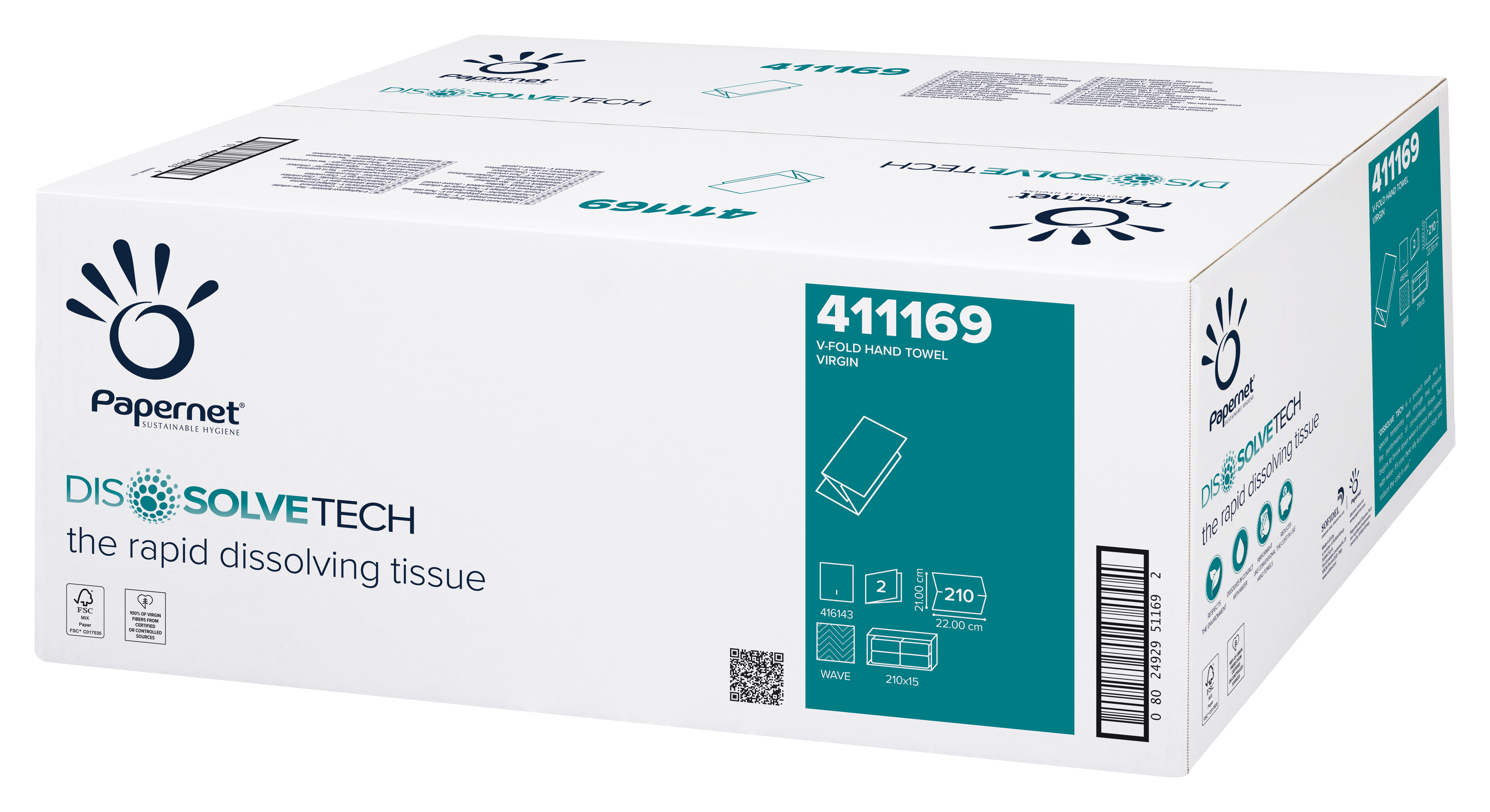 Papernet® DissolveTech V-Fold lehtkätepaber, sinise mustriga, 2x valge, pakis: 210lehte, kastis: 15pakki