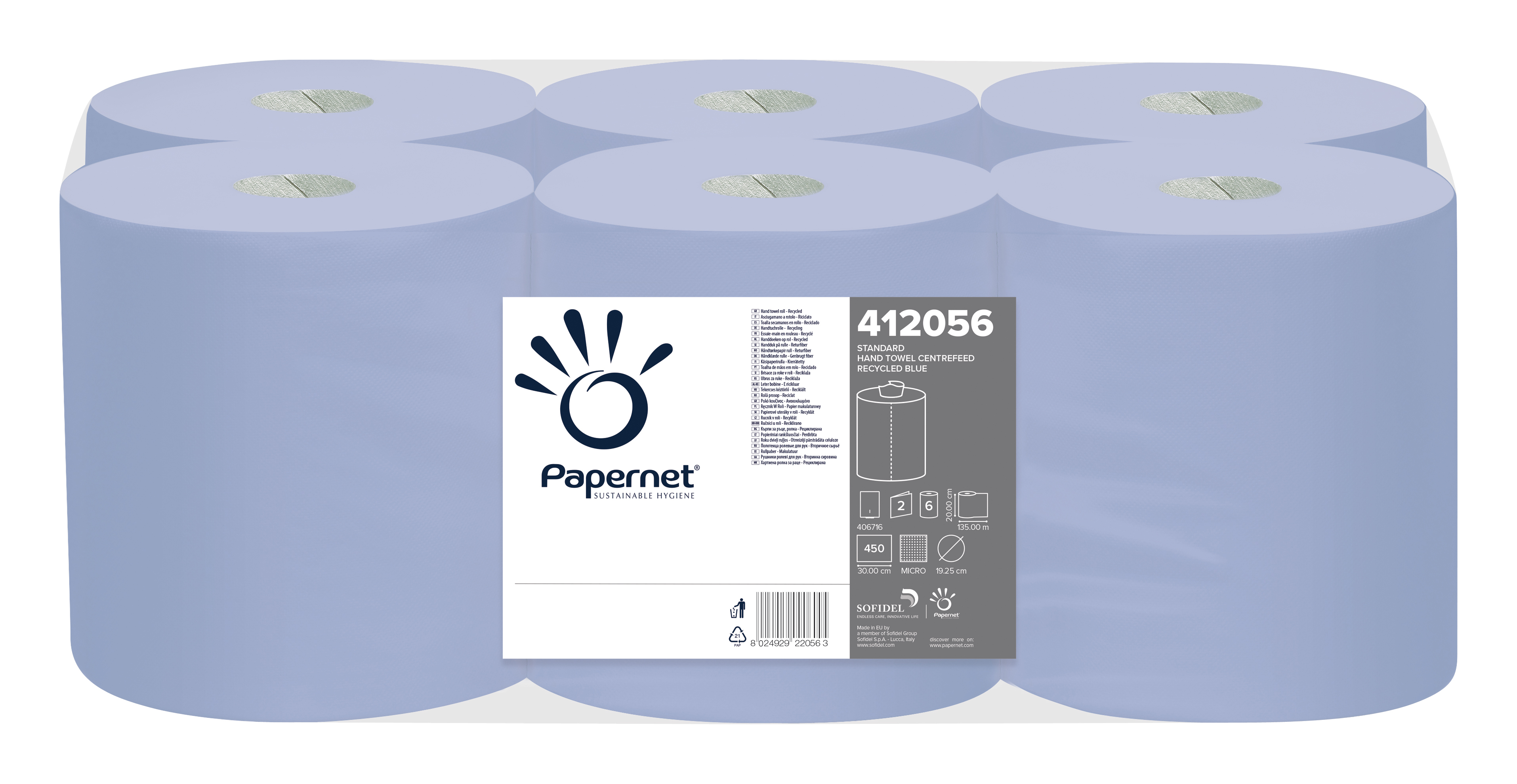 Papernet® rullkätepaber kesktõmbega 135m, 2x sinine, kastis 6rulli