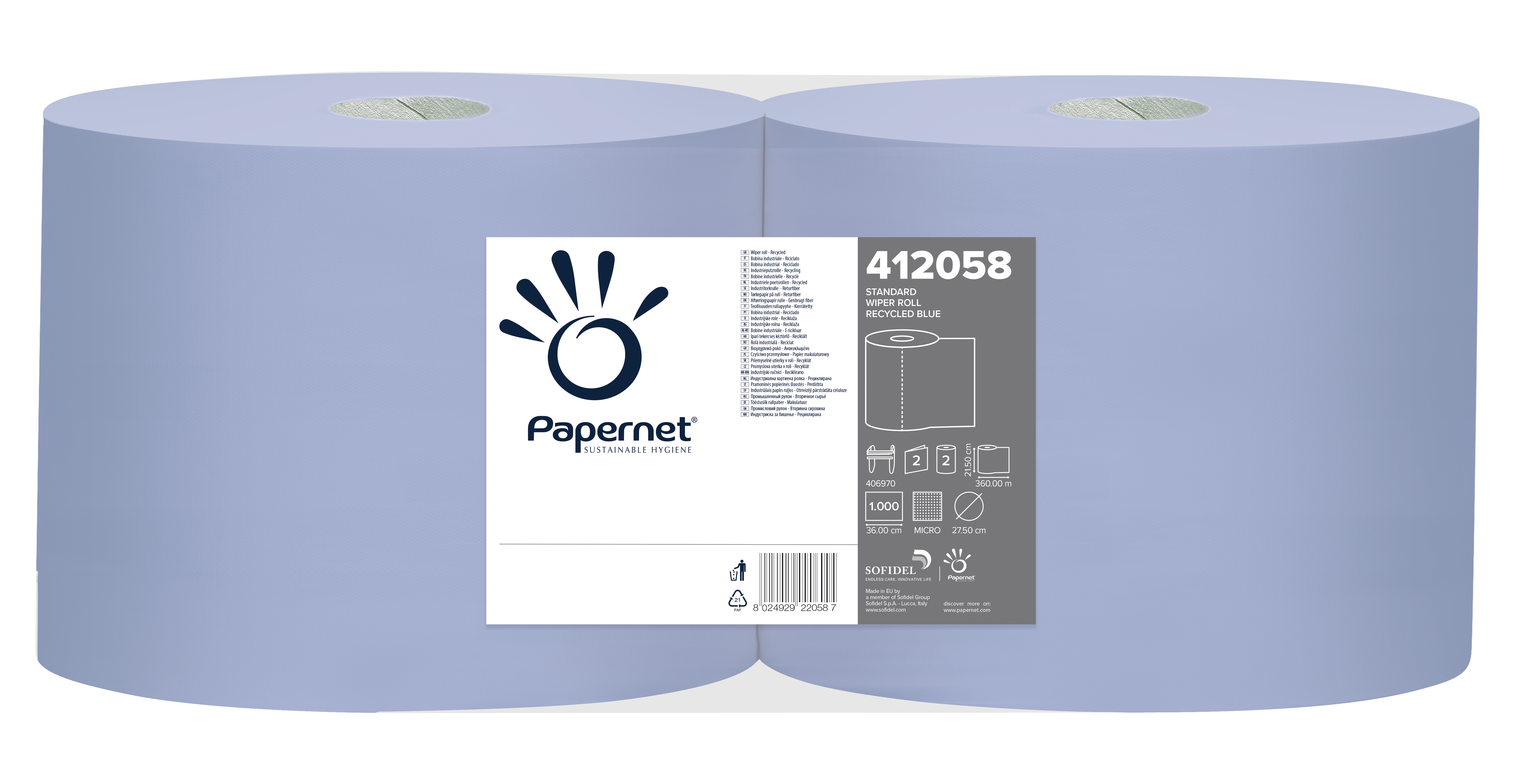 Papernet® tööstuslik pühkepaber 360m, kesktõmbega, 2x sinine, kastis 2rulli