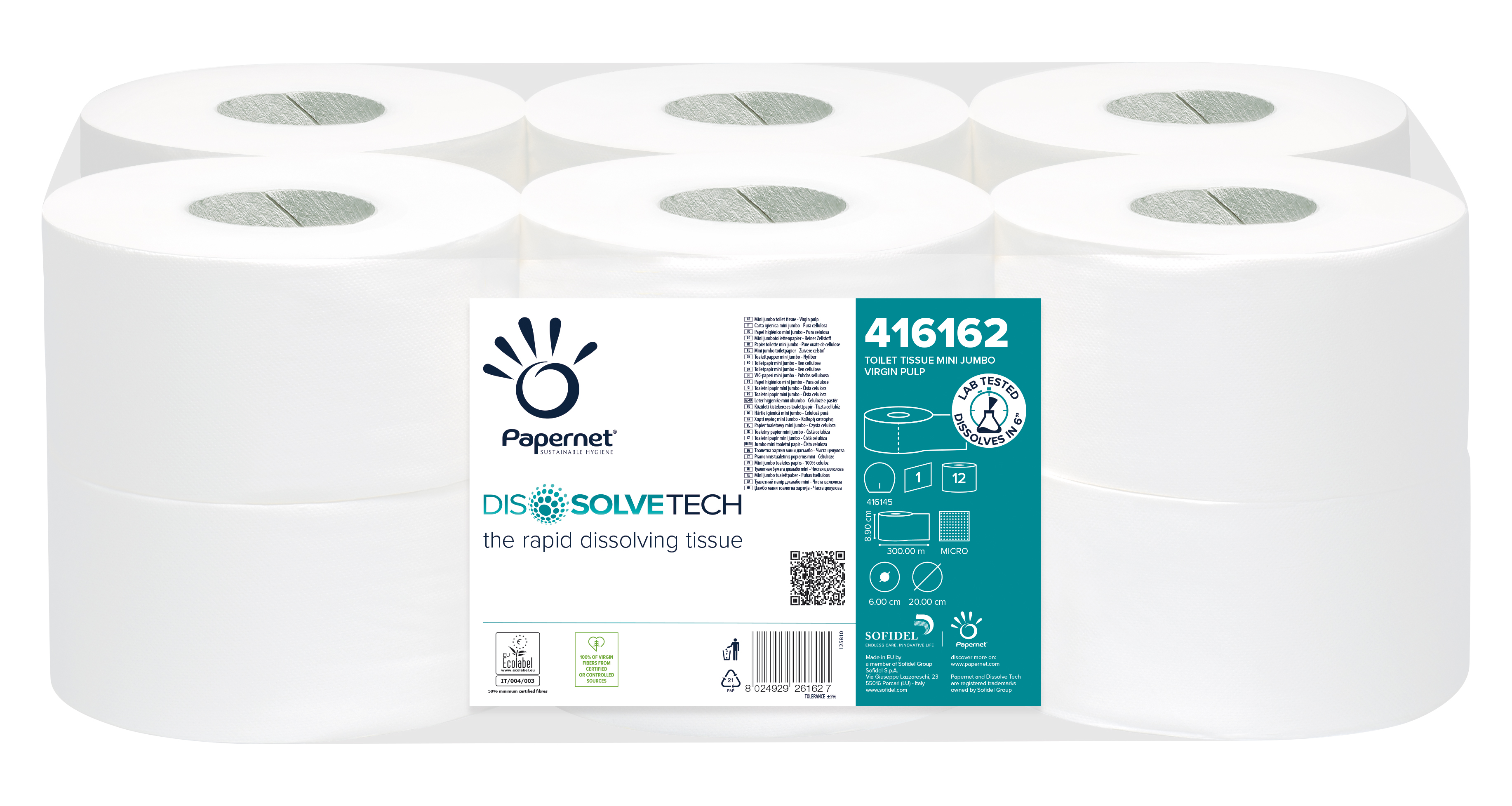 Papernet® WC Mini Jumbo rull DissolveTech, pakis 12x300m, 1*, valge