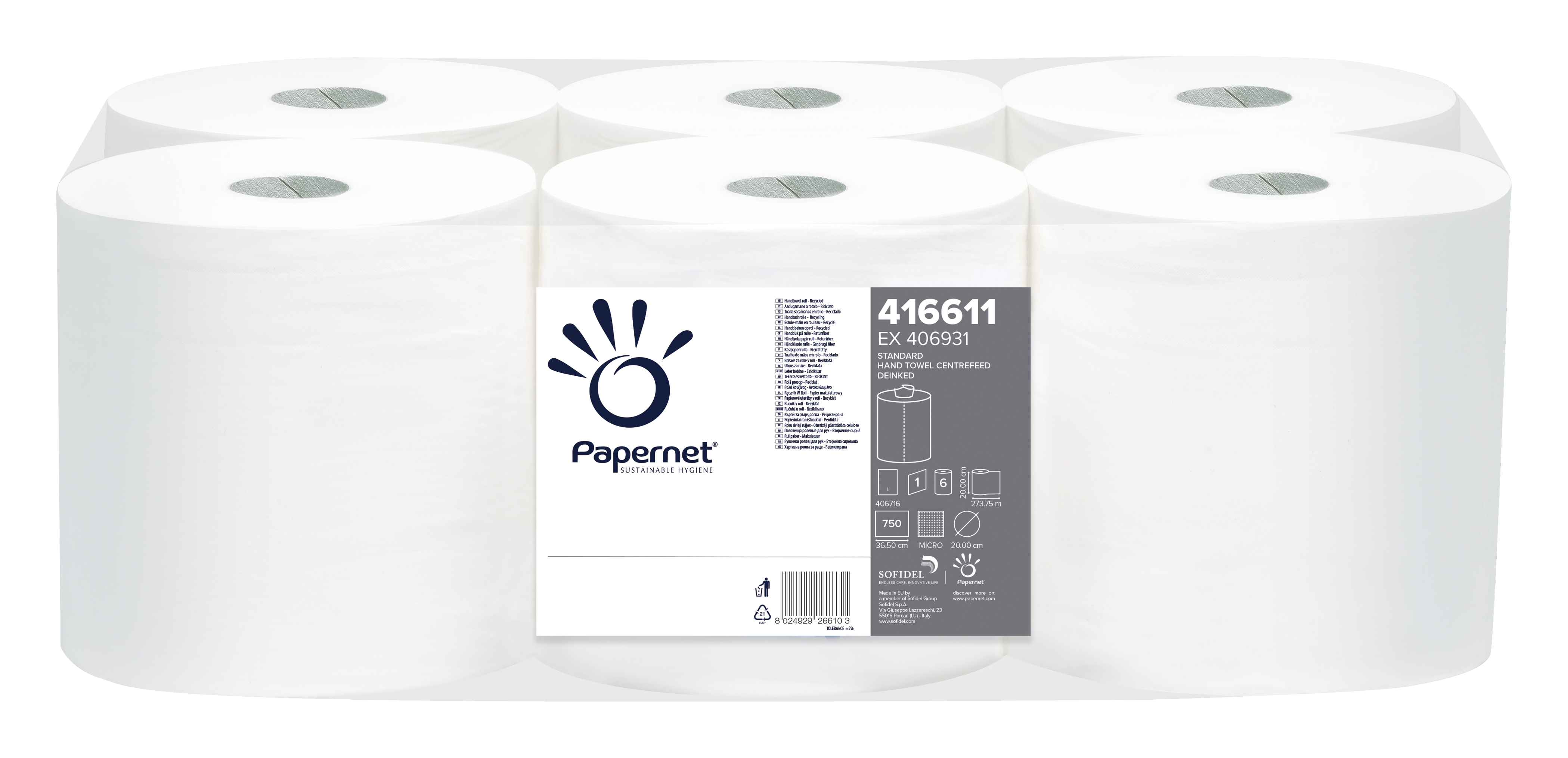 Papernet® rullkätepaber 273m, kesktõmbega, 1x loodusvalge, kastis 6rulli