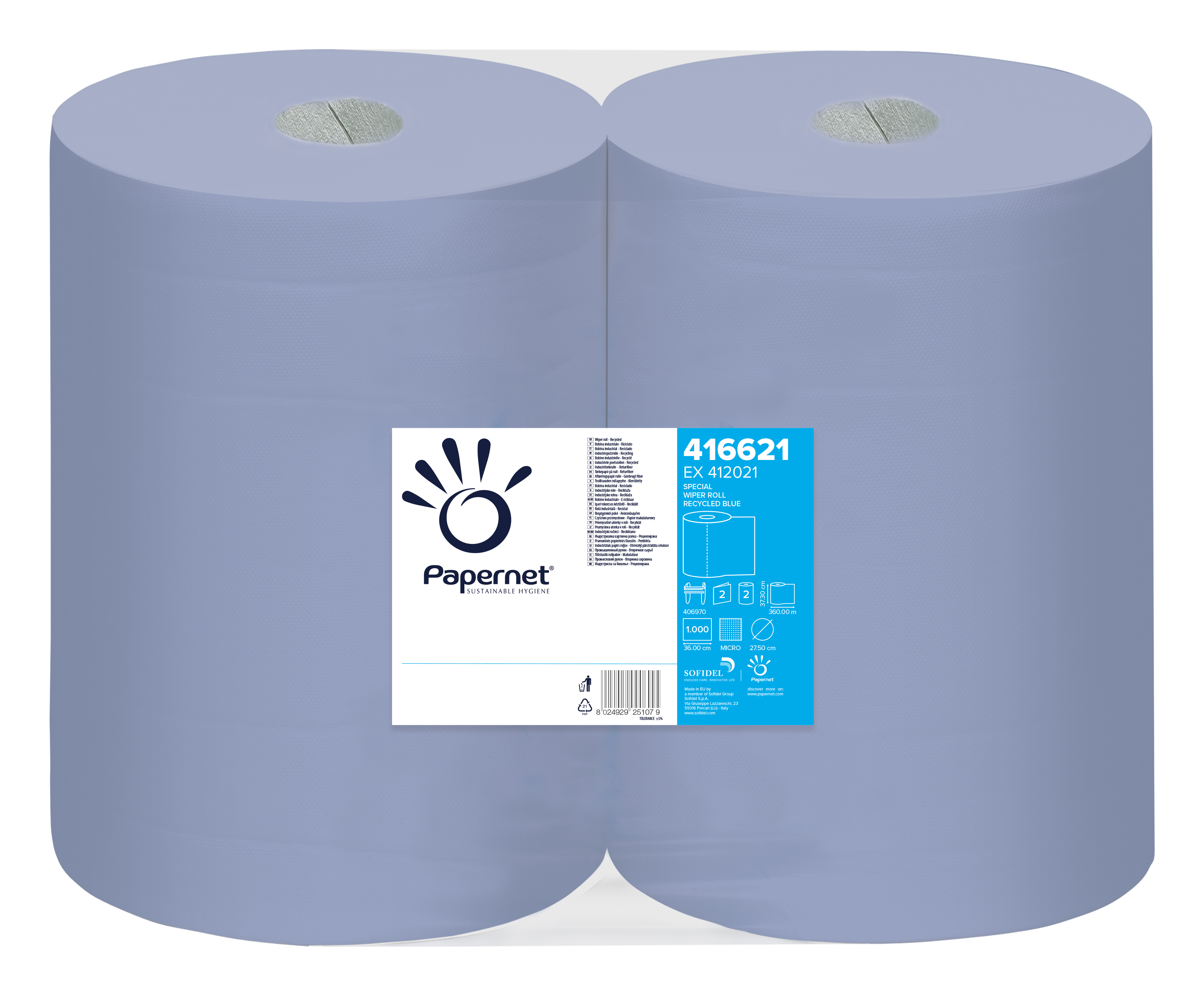 Papernet® tööstuslik pühkepaber 360m, 2x sinine, kastis: 2rulli
