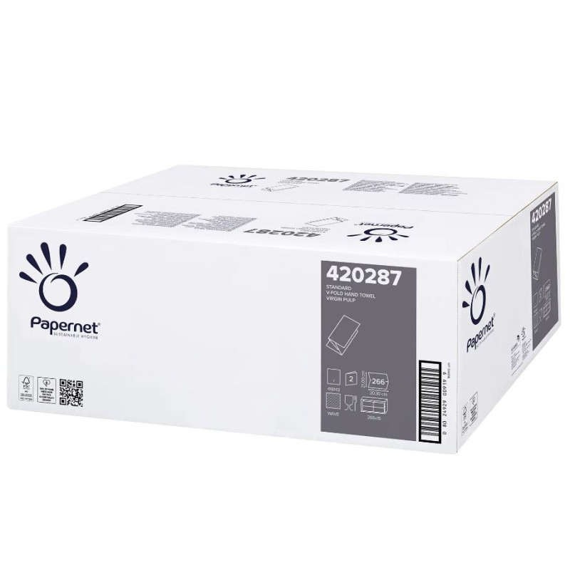 Papernet® V-Fold lehtkätepaber, 2x valge, pakis: 266lehte, kastis: 15pakki