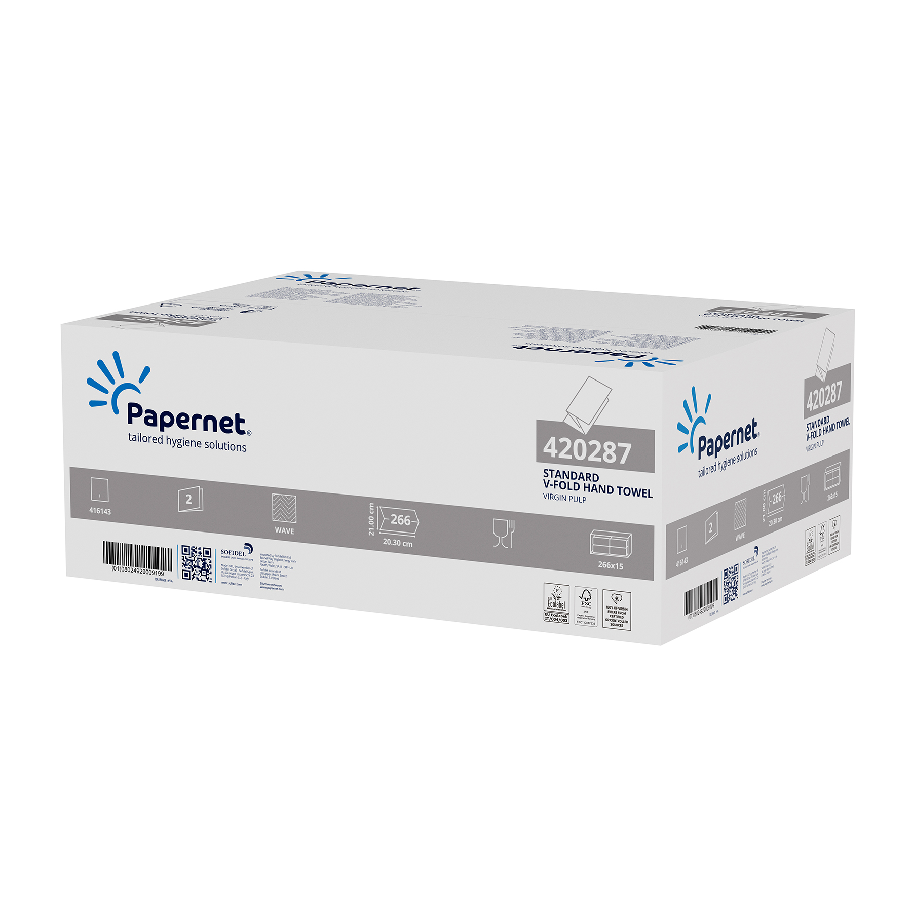 Papernet® V-Fold lehtkätepaber, 2x valge, pakis 266lehte, kastis 15pakki