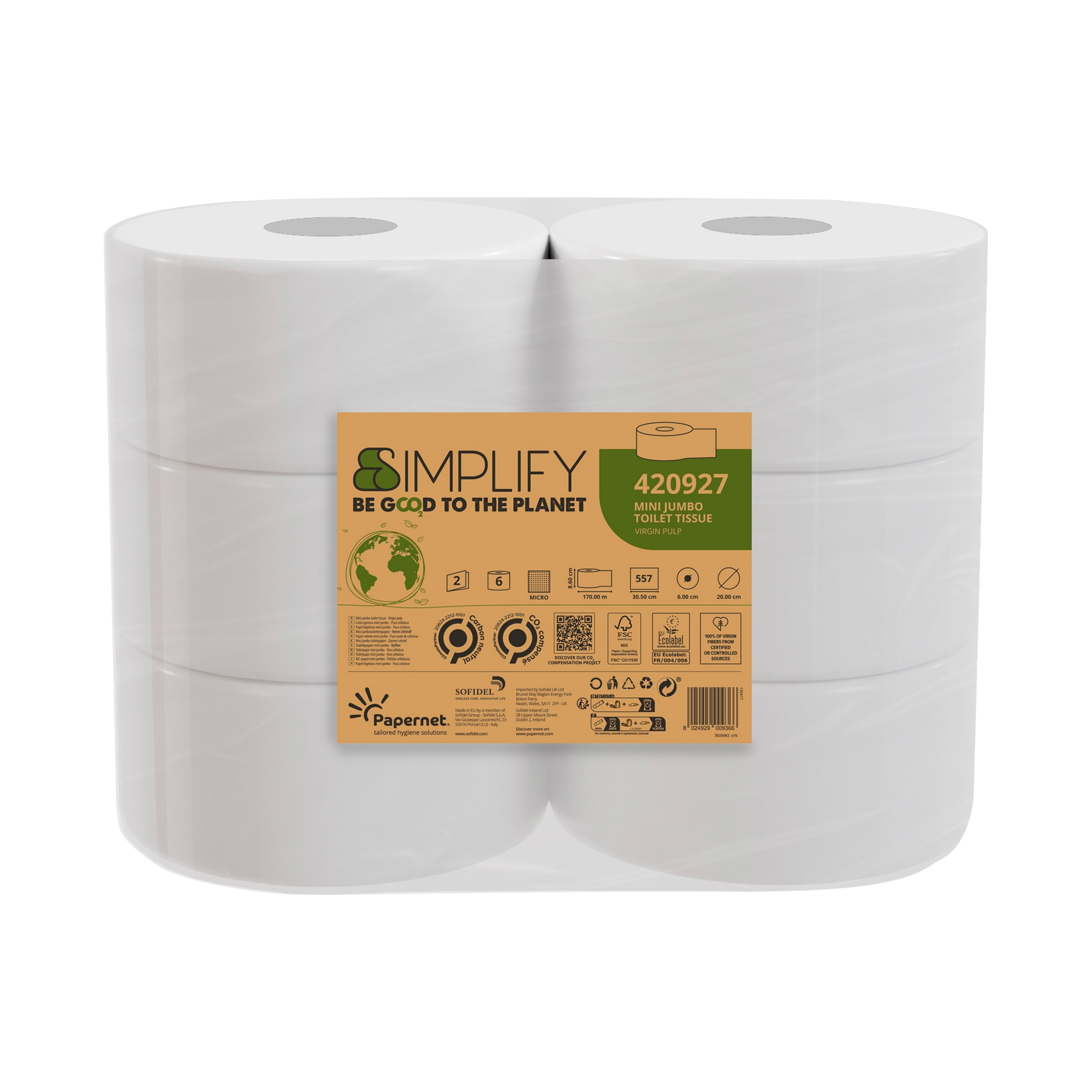 Papernet® Simplify Mini Jumbo tualettpaber 170m, 2x valge, kastis 6rulli