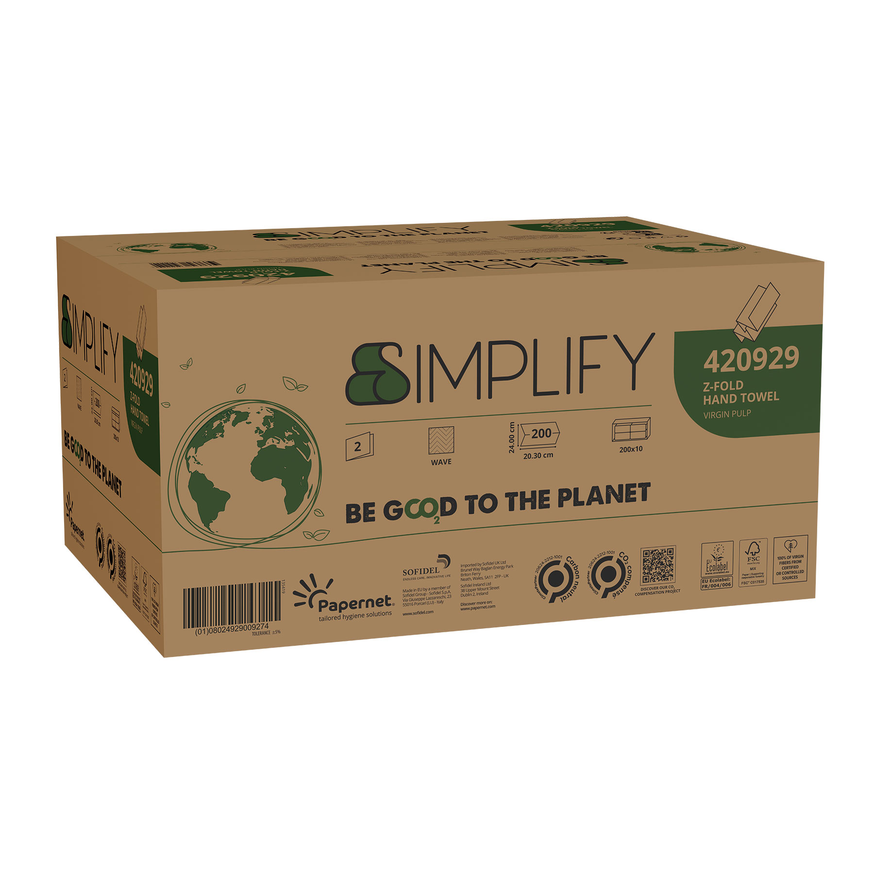Papernet® Simplify Z-Fold lehtkätepaber, 2x valge, pakis 200lehte, kastis 10pakki