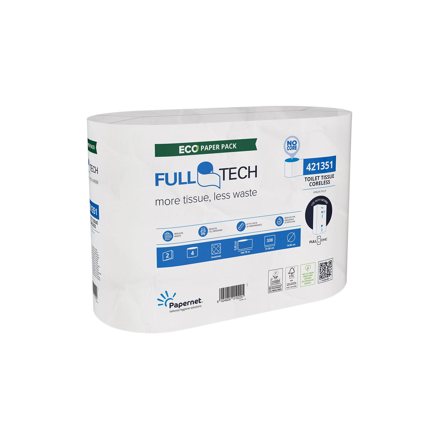 Papernet® Full Tech tualettpaber 104.78m, kesktõmbega, 2x valge, pakis 4rulli