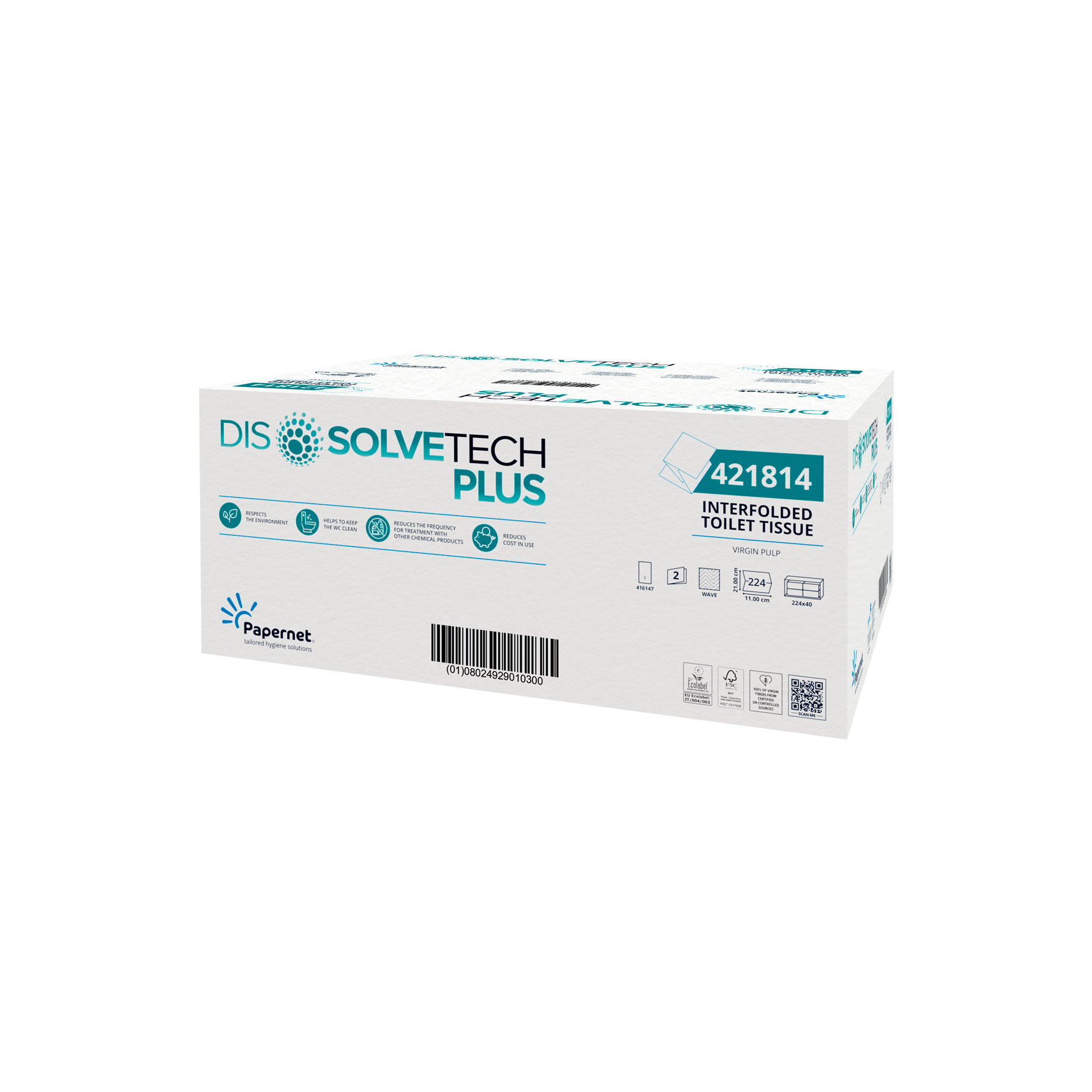 Papernet® Dissolve Tech Bulkpack tualettpaber 224lehte, 2x valge, kastis 40pakki