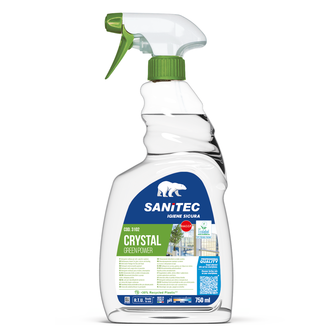 Sanitec Crystal Green Power klaasi puhastusaine 750ml pihustiga, kastis 6tk