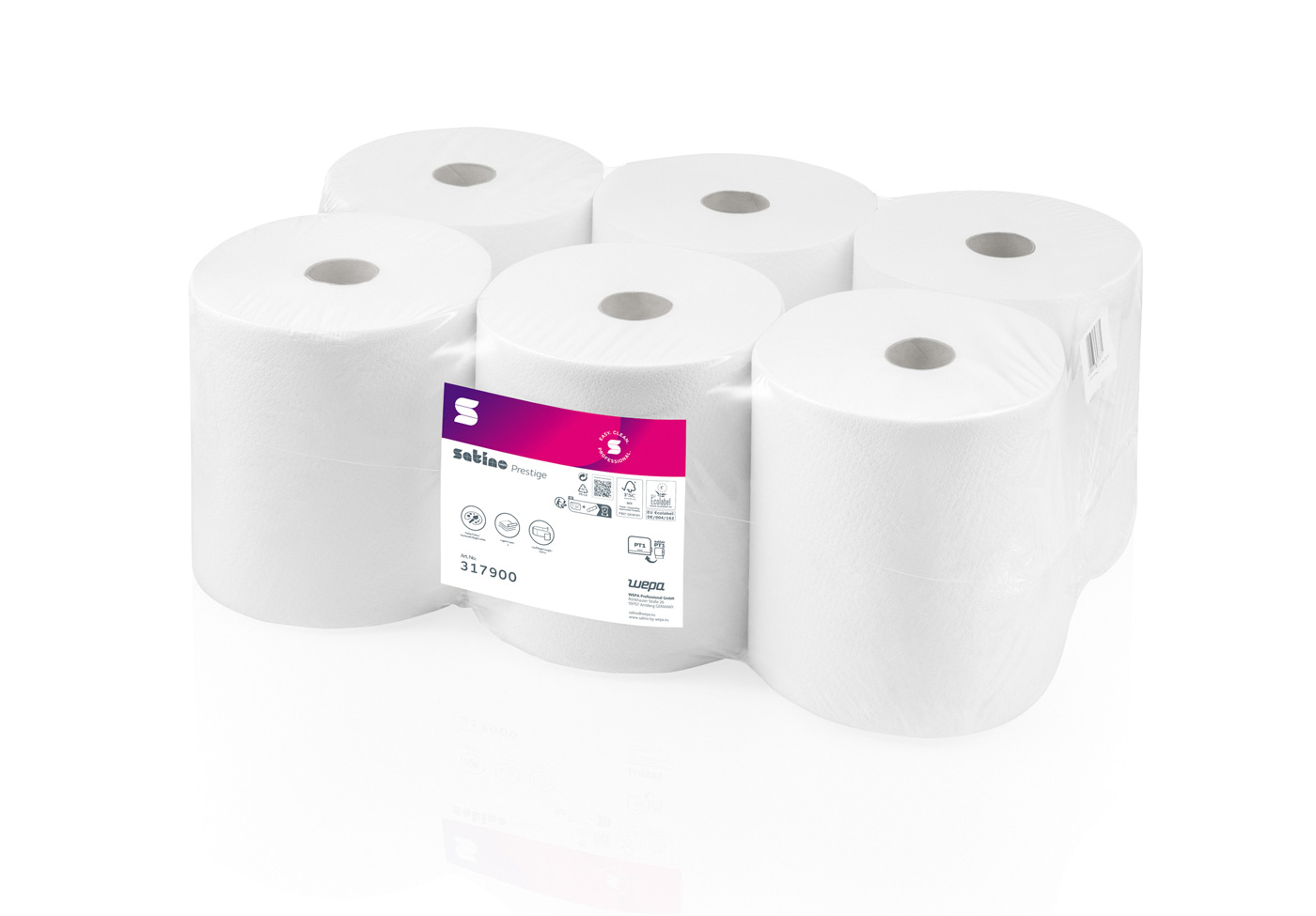 Satino Prestige rullkätepaber 150m, kesktõmbega, 2x valge, kastis 6rulli